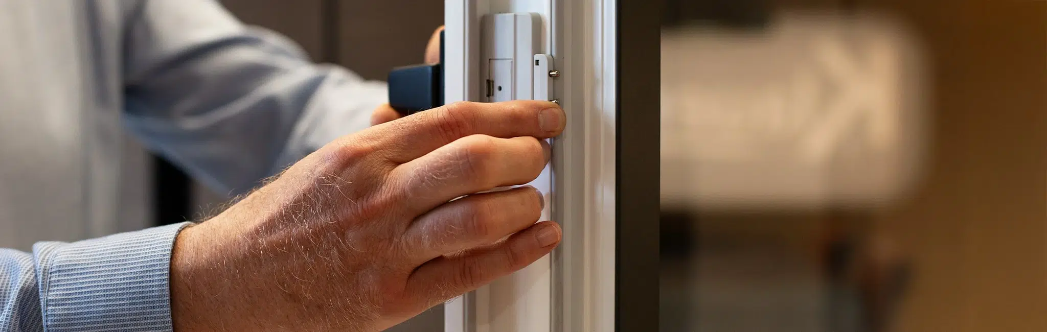 Hand eines Technikers justiert den Schließmechanismus an einem weißen Fensterrahmen während Wartungsarbeiten.